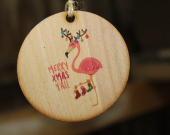 Christmas Flamingo Ornament Merry Xmas Yall Wood Slice Tangled in Christmas Lights Christmas Tree Primitive Rustic Tree Printed Beach Sea