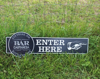 Custom Signage Logo Vintage Bar Sign Bottle Shop Enter Here ExtraLarge Finger Pointing Rustic Small Company Restaurant Indoor Outdoor Emblem