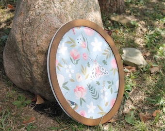 Vintage Rustic Oval Sign Flower Butterfly Victorian Print Floral Country Farmhouse Cottage Country Decor Dainty Art Nouveau Blue Pink Moth