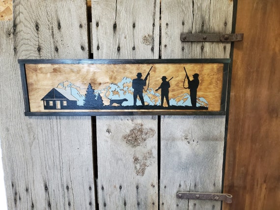 Rustic 3D Hunting Sign Raised Hunter Bird Dog Mountain Range Silhouette Scene Cabin Farm Sign Wood Laser Cut Out 3D Extra Large Sign
