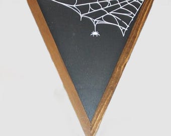 Web Spider Goth Arachnid Triangle Hanging Spider Art Decor Wooden Sign Halloween Farmhouse Scary Sign Fireplace Shelf Sitter Framed Black
