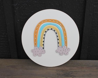 Rainbow Doodle 3D Round Wooden Sign Circle Raised Colorful Pretty Kids Decor Children Teens Dorm Hanging Welcome Simple Cutesy Nursery Boho