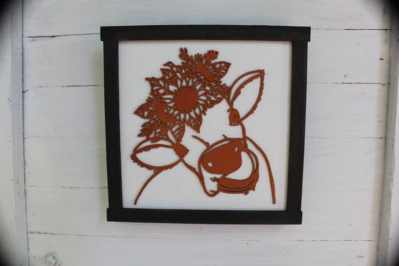 Cow Flower Crown Wood Sign 3D Raised Text Sunflower Floral Heifer Farm Cow Kissses Country Primitive Framed Wall Hanging  Porch Decor