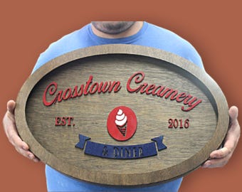 Retro Diner Branding Focus Custom Diner Sign Light – Raised Text Wood LED Logo Sign – Retro Creamery Business Branding Decor