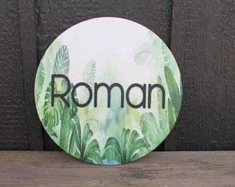 Custom Sign Round Nursery Little Boys Jungle Forest Theme Leaves Personalized  Circle Wooden Handmade Printed and Raised Name Crib