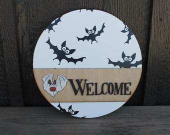 Welcome Ghost Door Hanger Bat Boo Halloween Fall Spooky Sign Round  3D Text Wall Art Decoration Wood Sign