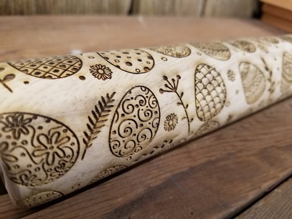 Easter, Easter Eggs, Decorated, Spring, 10 Inch Rolling Pin, Pie Crust, Gift, Embossed, Engraved, Wood, Cookie Stamp, Laser, pottery texture