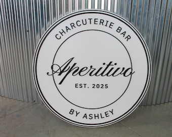 Custom Mobile Business Commercial Signage Charcuterie Line Art Style Made to Order Store Front Small Shop Logo Circle Wooden Handmade