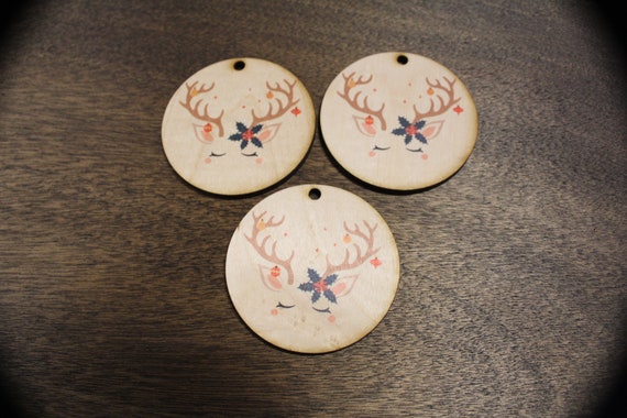 Set of 3 Unicorn Face Ornament Reindeer Antlers Wood Slice Poinsettia Horn Eyelashes Up-close Primitive Christmas Ornament Rustic Tree Print