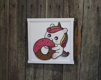 Chubby Unicorn Eating Donut Wood Sign Kawaii Colorful Girls Room 3D Raised Décor Decoration Wall Art Farmhouse Rustic Handmade Rainbow