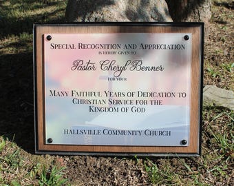 Recognition and Appreciation Printed and Wood plaque Retirement Thank you Church Work Career Service Military Veteran Pastor Boss Acrylic