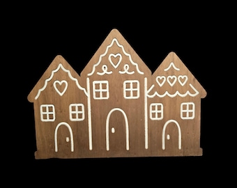 Extra Large Engraved Wooden Gingerbread House Trio – Stained Wood with Painted Accents - Holiday Décor with Heart & Icing Details