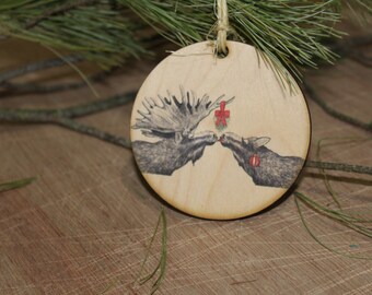 Couple Moose and Bull Christmas Kiss Wood Slice Mistletoe Christmas Mr Mrs Ornament Primitive Face Rustic Tree Printed Antlers Smooch