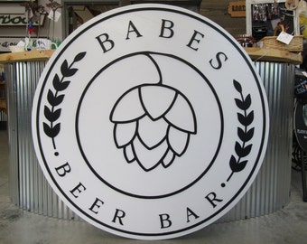 Custom Bar Sign Beer Round Business Drinks Food Barley Hops Babe Made to Order Logo Circle Wooden Handmade Raised Text Home