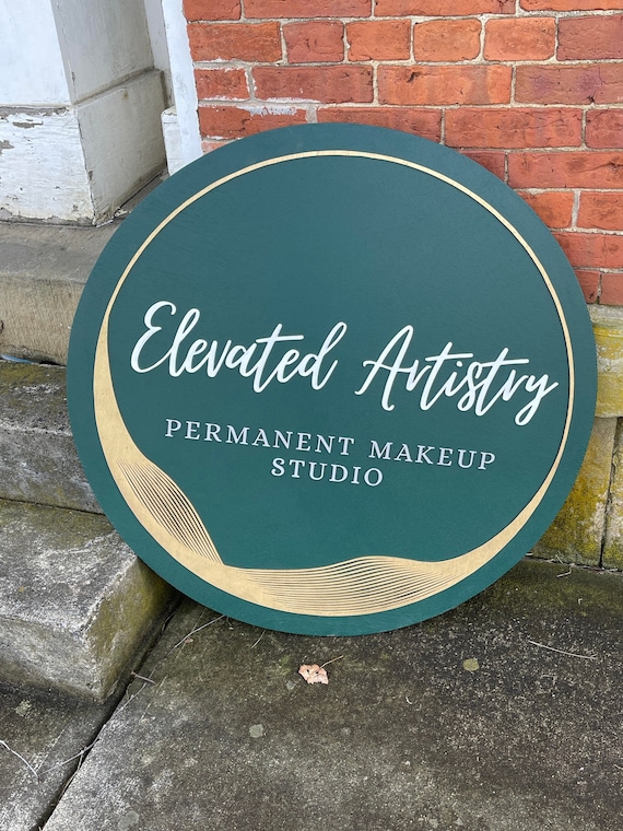 Custom Sign Round Business Makeup Studio Green Gold Elevated Commerical Signage Made to Order Logo Artist Permanent Circle Wooden Handmade