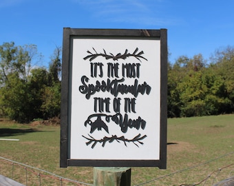 Halloween Spooky Season Spooktacular Sign Time Year Black and White Sticks Bats Chic Cursive Words Sayings Framed 3D Lettering Sticks Wood