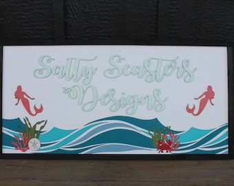 Custom Mermaid Beach Coral Costal Underwater Waves  Wood Laser Cut Out 3D Sign Elevated Letters Tropical Personalized Handmade Business Sign
