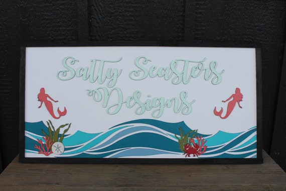 Custom Mermaid Beach Coral Costal Underwater Waves  Wood Laser Cut Out 3D Sign Elevated Letters Tropical Personalized Handmade Business Sign