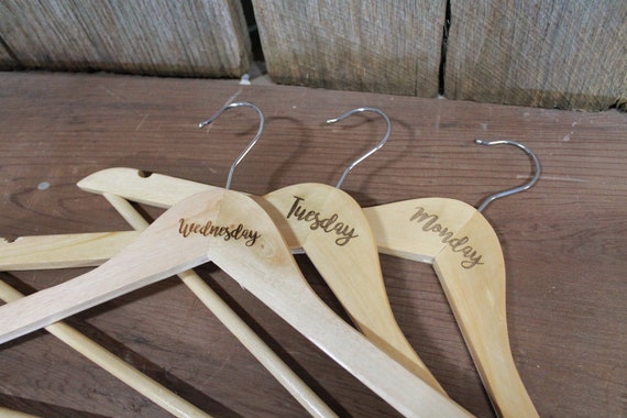 Days of the Week Set of 7 Engraved Wooden Clothes Hangers Sturdy