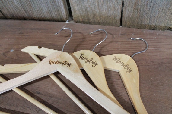 Days of the Week  Set of 7 Engraved Wooden Clothes Hangers Sturdy Monday through Sunday Wood Custom