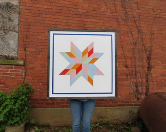 Oversized Square Barn Quilt Image Printed On Wood Color Pastel Geometrical Farmhouse Country Style Handmade Decor Star Outdoor Primitive