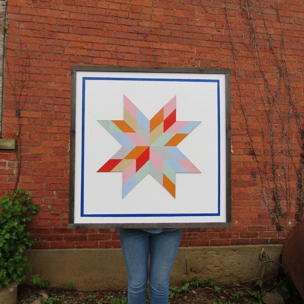 Oversized Square Barn Quilt Image Printed On Wood Color Pastel Geometrical Farmhouse Country Style Handmade Decor Star Outdoor Primitive