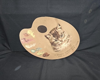 Vintage Cat Christmas Wall Decor – Artist Palette Shaped Holiday Greeting Sign – Reprint “Merry Christmas & Happy New Year”