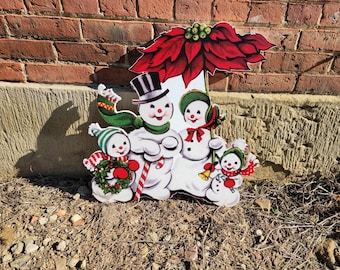 Vintage Yard Art Wood Winter Snowman Family Poinsettia Yard Sign Decorations Yard Decor Christmas Outdoor Printed image
