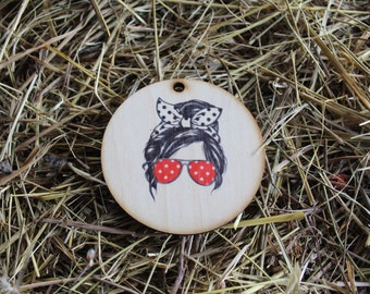 Cool Mom Sunglasses Hairtie Headband Polkadots Messy Bun Mom Life Christmas Gift Tag Holiday Woodslice Red Friend Gift