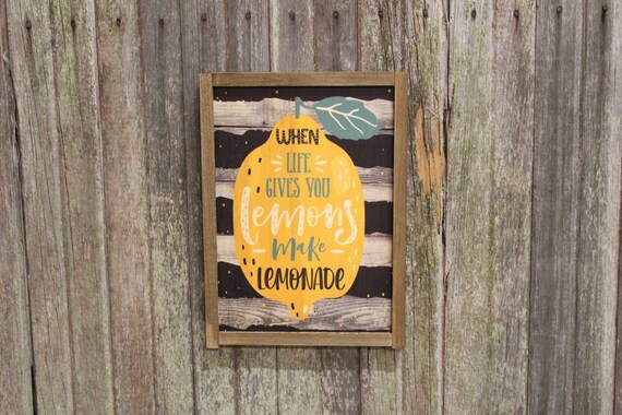 Lemon Decor Wood Sign When Life Gives You Lemons Rustic Framed Print Decor Farmhouse Decoration Primitive Lemon Striped Wall Décor