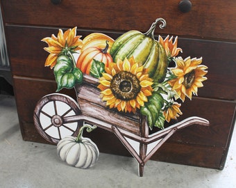 Harvest Pumpkin Porch Decor Farmstand Sunflower Cart Gift Gourd Fall Autumn Wheel Barrel Printed Flower Bed Decoration Orange Green Rustic