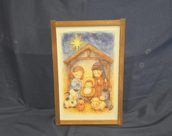 Cartoon Nativity Scene Christmas Sign – Framed Child-Friendly Manger Art with Holy Family & Animals