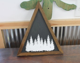 Triangle Tree Silhouette Sign Forest Wall Hanging Pine Wilderness Boho Decor Rustic Art Raised Image Brown Frame Christmas Winter