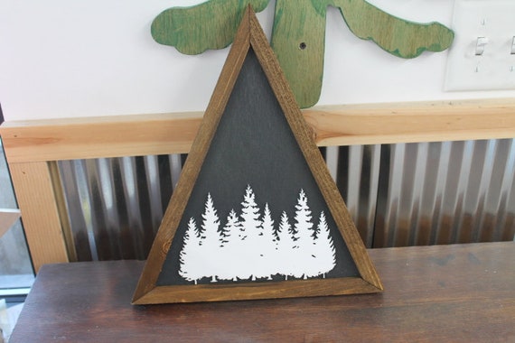 Pine Wilderness Woods Camping Hiking Black and White Triangle  Framed 3D Handmade Art Decor Wooden Sign Raised Layered Sign