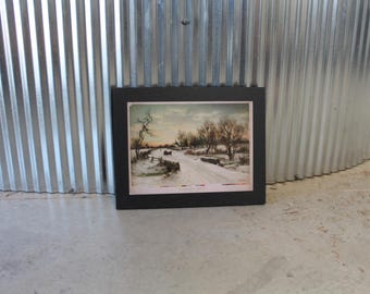 Christmas Morn Vintage Painting Sign Wood Backer Printed Faux Frame Holiday Noel Snow Retro Antique