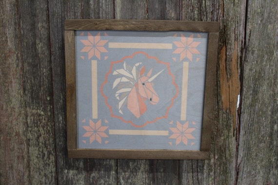 Unicorn Barn Quilt Wood Sign Stylized Pastel Origami Shapes Country Square Pattern Block Wall Art Farmhouse Primitive Rustic