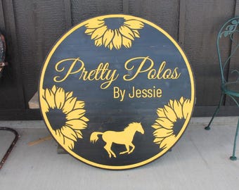 Custom Business Logo Engraved Sign Horse Sunflowers Design Black and Yellow Personalized Image Etched Running Horse Polo