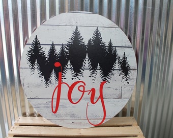 Joy Winter Pine Trees Rustic Christmas Wall Hanger Wreath Sign Door Hanger Round Front Door Entry Way Decor Plaque Wood Print