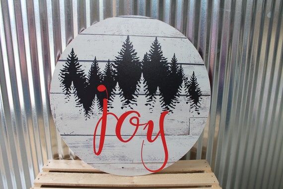 Joy Winter Pine Trees Rustic Christmas Wall Hanger Wreath Sign Door Hanger Round Front Door Entry Way Decor Plaque Wood Print