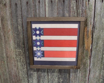 Patriotic Barn Quilt Wood Sign Red White Blue Stripe Stars Country Brown Framed Print Wall Art Farmhouse Primitive Rustic