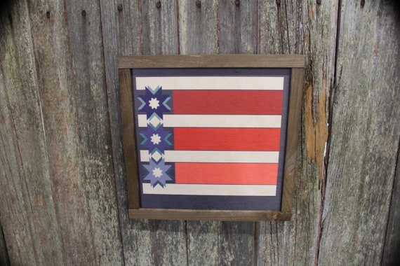 Patriotic Barn Quilt Wood Sign Red White Blue Stripe Stars Country Brown Framed Print Wall Art Farmhouse Primitive Rustic