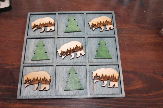 Handmade Tic Tac Toe Bear Cabin Woods Stained Woodsy Camping Cabin game Bnb Wooden Lodge Vacation Family game boardgame Laser cut engraved