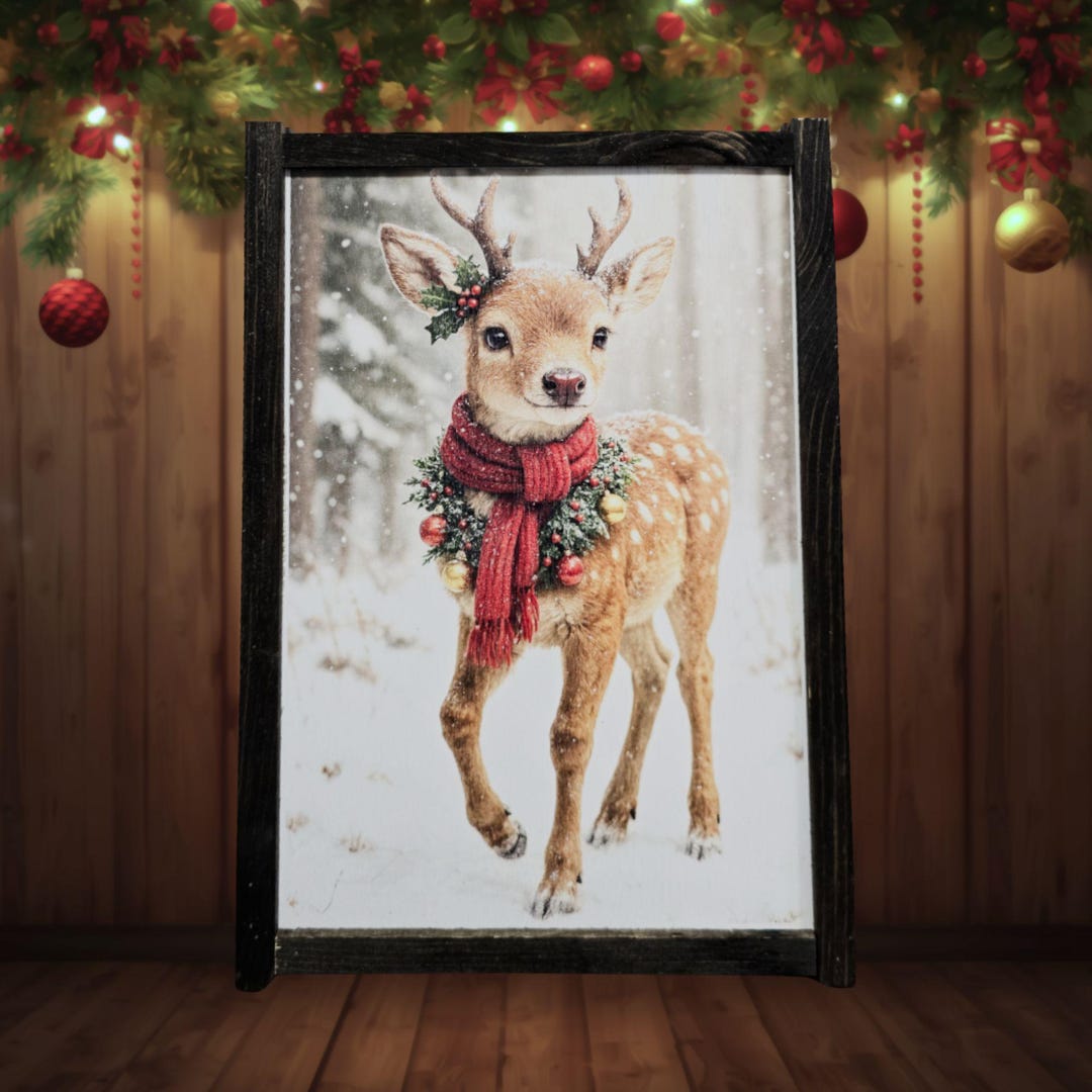 Winter Deer Wall Art – Festive Scarf & Wreath Illustration in Snowy ...