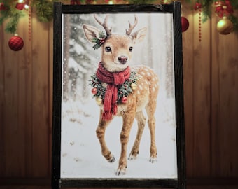 Winter Deer Wall Art – Festive Scarf & Wreath Illustration in Snowy Forest – Cozy Christmas Decor for Home, Nursery, or Holiday Display