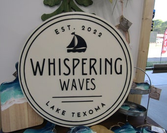 Custom Wooden Sign For Home Sail Boat Lake House Waves Round Made to Order Logo Circle Handmade Raised Text Home