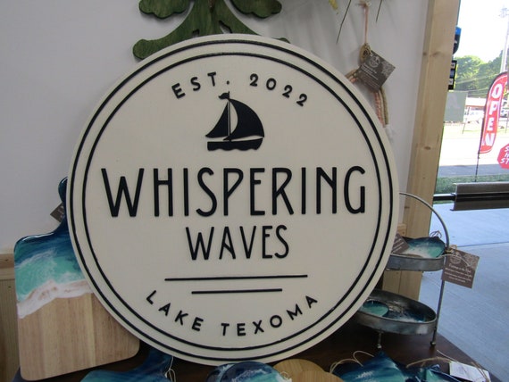 Custom Wooden Sign For Home Sail Boat Lake House Waves Round Made to Order Logo Circle Handmade Raised Text Home