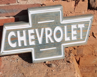 Engraved Chevrolet Logo Sign: Stained Wood Garage Decor
