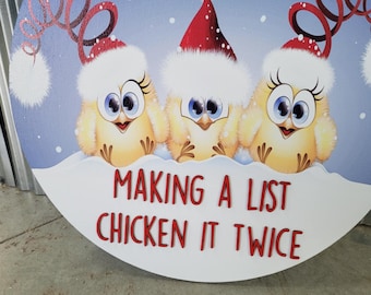 Chicken It Twice Handmade Wood Sign Hanging Raised Letters Round Printed Image Funny Chicken Christmas Holiday Seasonal