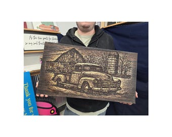 Engraved Wooden Farm Truck Sign – Rustic Barn Scene Wall Art for Country Home Décor