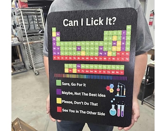 Can I Lick It? Periodic Table Sign – Weatherproof PVC Funny Science Wall Art for Lab, Classroom, or Office Display